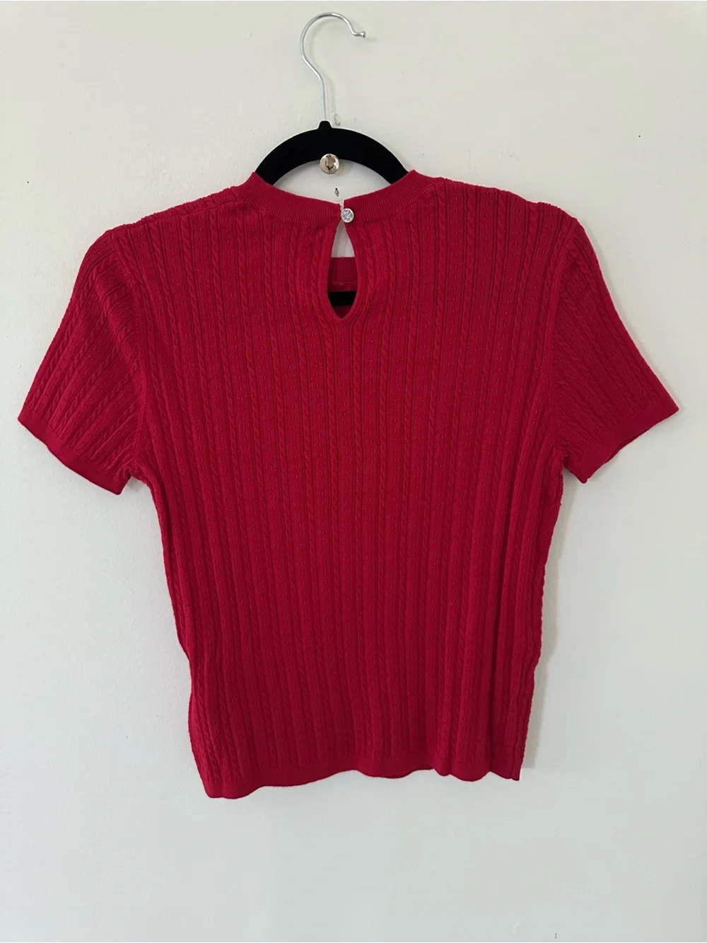 NWT MAJE round neck jumper red cable-knit and pointelle short sleeves size S